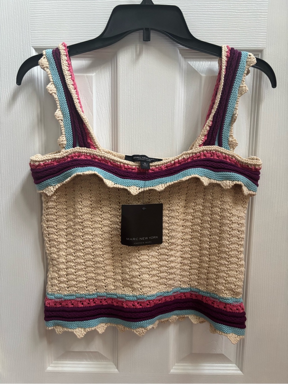 Marc New York Beige Crochet Tank Top with Multicolor Trim, Size M, NWT
